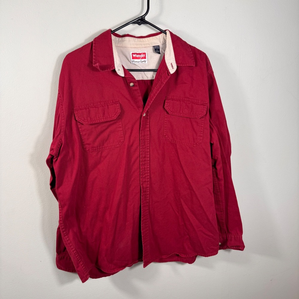 Wrangler Premium Quality Men's Large Red Long Sleeve Button Up Shirt 100% Cotton